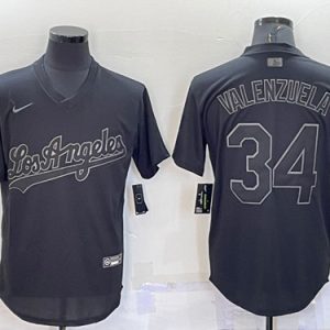 Los Angeles Dodgers #34 Fernando Valenzuela Black Pitch Black Fashion Replica Stitched Jersey
