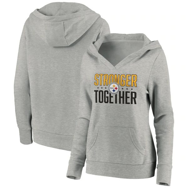 Pittsburgh Steelers Heather Gray Stronger Together Crossover Neck Pullover Hoodie(Run Small)