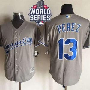Royals #13 Salvador Perez New Grey Cool Base W 2015 World Series Patch Stitched Jersey