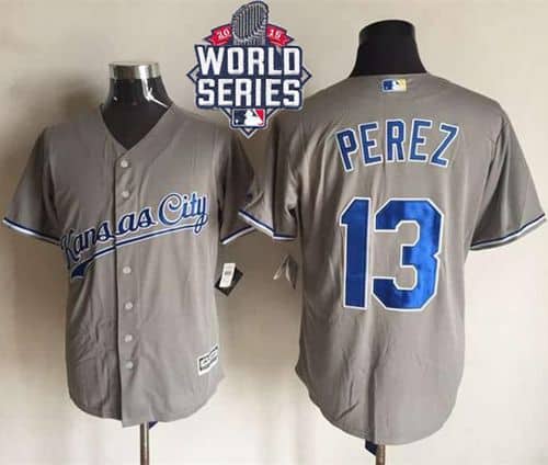 Royals #13 Salvador Perez New Grey Cool Base W 2015 World Series Patch Stitched Jersey