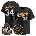 Los Angeles Dodgers #34 Toro Valenzuela Black Gold 2024 World Series With Fernando Memorial Patch Limited Stitched Jersey