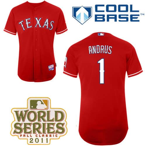 Rangers #1 Elvis Andrus Red Cool Base 2011 World Series Patch Stitched Jersey
