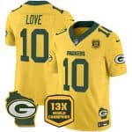 Green Bay Packers #10 Jordan Love Gold 2024 F.U.S.E. 13 Time World Champions And Home Patch Vapor Untouchable Limited Stitched Jersey