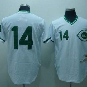 Mitchell And Ness Reds #14 Pete Rose Stitched White Green Patch Throwback Jersey