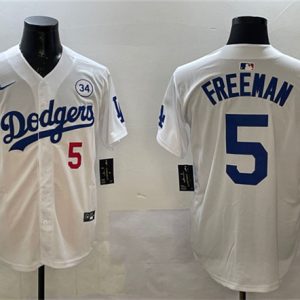 Los Angeles Dodgers #5 Freddie Freeman White 2024 World Series With No. 34 Patch Home Limited Stitched Jersey