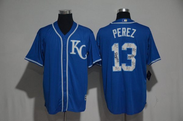 Kansas City Royals #13 Salvador Perez Royal Team Logo Print Cool Base Stitched Jersey