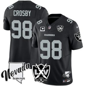 Las Vegas Raiders #98 Maxx Crosby Black 2024 F.U.S.E With Nevada Silver Stat Patch And 65th Anniversary Patch 3-Star C Patch Stitched Jersey