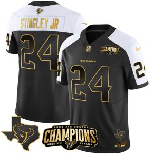 Houston Texans #24 Derek Stingley Jr. Black White Golden 2023 F.U.S.E. With AFC South Champions Patch And Team Logo Patch Limited Stitched Jersey