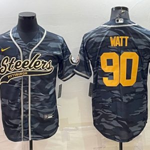 Pittsburgh Steelers #90 T. J. Watt Gray Navy Camo With Patch Cool Base Stitched Baseball Jersey