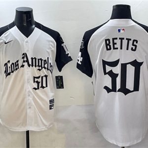 Los Angeles Dodgers #50 Mookie Betts White Black Mexico 2025 LA Gothic Style With Fernando Patch Vapor Premier Limited Stitched Jersey