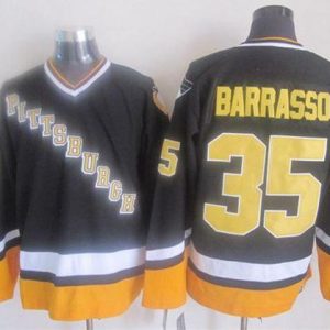 Penguins #35 Tom Barrasso Black Yellow CCM Throwback Stitched Jersey