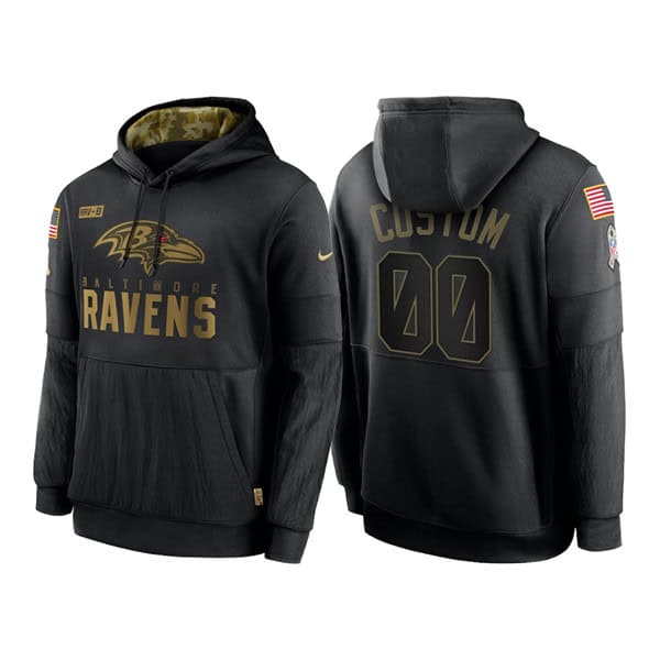 Baltimore Ravens Customized 2020 Black Salute To Service Sideline Performance Pullover NFL Hoodie