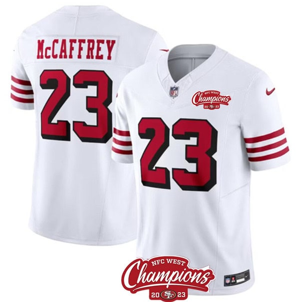 San Francisco 49ers #23 Christian McCaffrey White 2023 F.U.S.E. NFC West Champions Patch Alternate Stitched Jersey