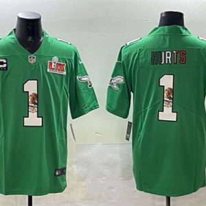 Philadelphia Eagles #1 Jalen Hurts Green Mexico 2025 Super Bowl LIX Patch And 3-Star C Patch Vapor Untouchable Limited Stitched Jersey