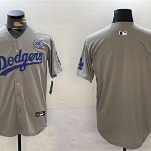Los Angeles Dodgers Team Big Logo Gray 2024 World Series With No. 34 Patch Limited Stitched Jersey