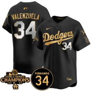 Los Angeles Dodgers #34 Fernando Valenzuela Black Gold 2024 World Series Champions Fernando Memorial Patch Vapor Premier Limited Stitched Jersey