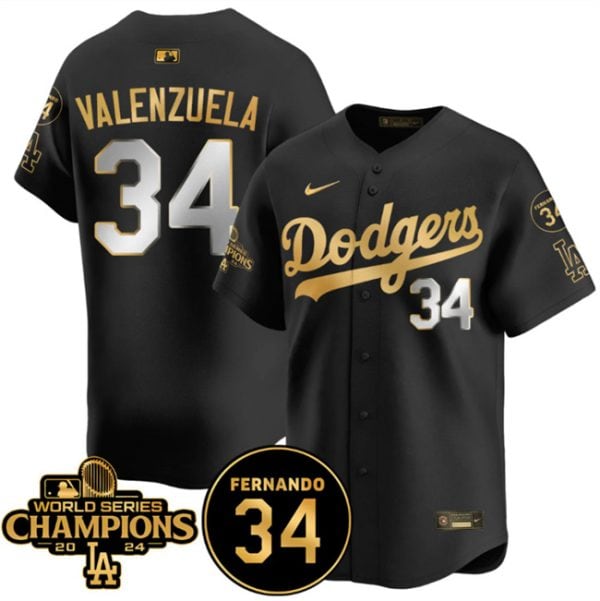 Los Angeles Dodgers #34 Fernando Valenzuela Black Gold 2024 World Series Champions Fernando Memorial Patch Vapor Premier Limited Stitched Jersey