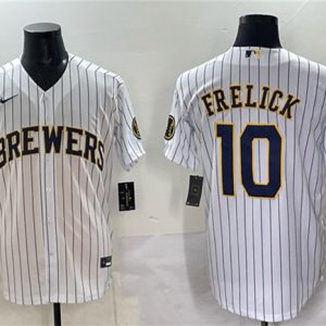 Milwaukee Brewers #10 Sal Frelick White Pinstripe 2025 With Patch Stitched Jersey