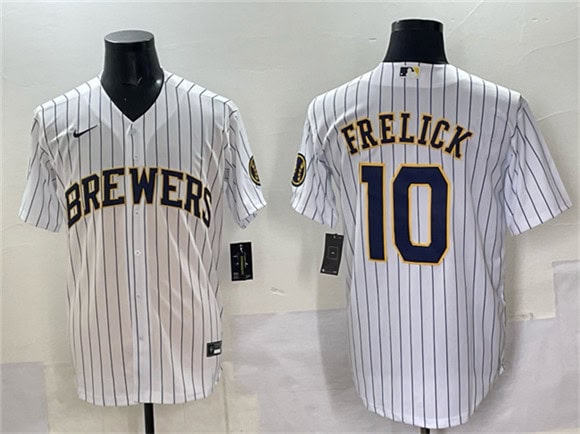 Milwaukee Brewers #10 Sal Frelick White Pinstripe 2025 With Patch Stitched Jersey