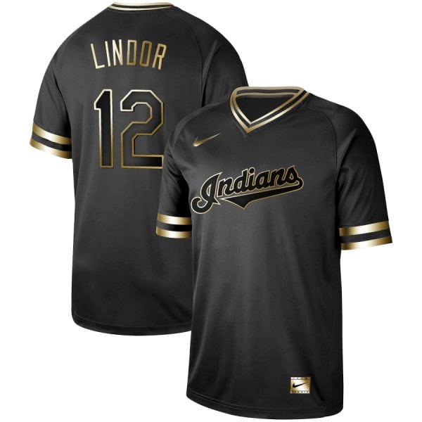Cleveland Indians #12 Francisco Lindor Black Gold Stitched Jersey