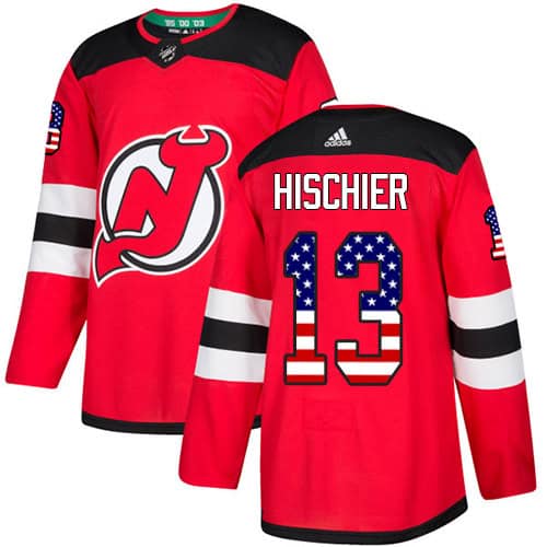 New Jersey Devils #13 Nico Hischier Red USA Flag Stitched Jersey