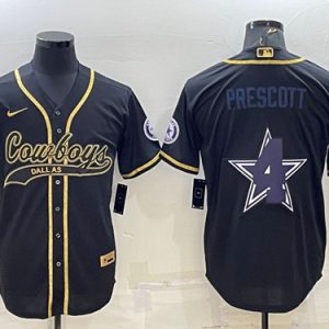 Dallas Cowboys #4 Dak Prescott Black Gold Team Big Logo With Patch Cool Base Stitched Baseball Jersey