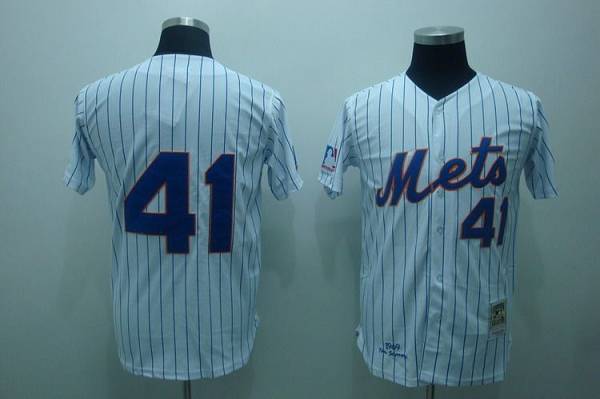 Mitchell And Ness Mets #41 Tom Seaver Stitched White Blue Strip Throwback Jersey