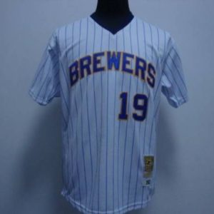 Mitchell And Ness Brewers #19 Robin Yount Stitched White Blue Strip Throwback Jersey