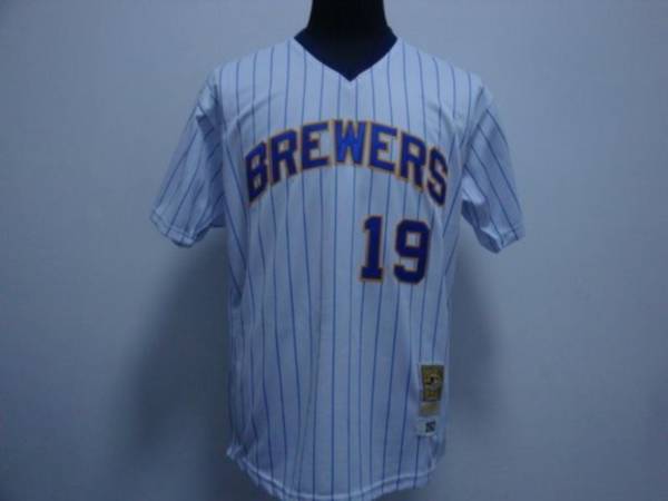 Mitchell And Ness Brewers #19 Robin Yount Stitched White Blue Strip Throwback Jersey