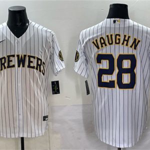 Milwaukee Brewers #28 Andrew Vaughn White Pinstripe 2025 With Patch Stitched Jersey