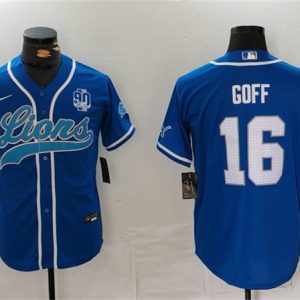 Detroit Lions #16 Jared Goff Blue With 90th Anniversary Patch Cool Base Stitched Jersey
