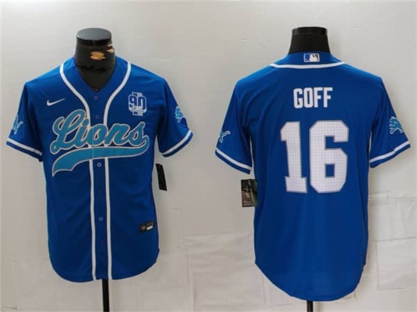Detroit Lions #16 Jared Goff Blue With 90th Anniversary Patch Cool Base Stitched Jersey