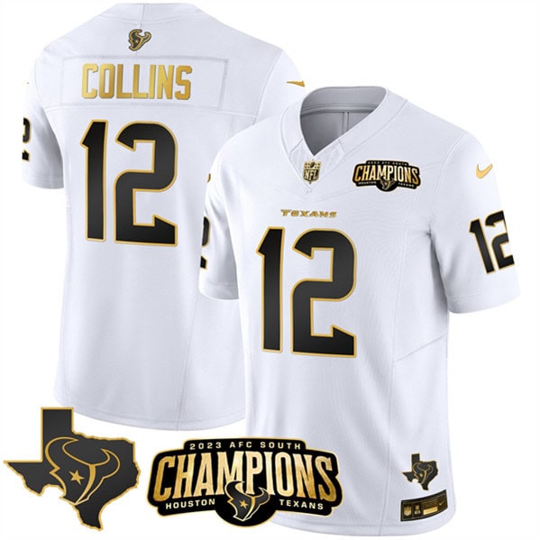 Houston Texans #12 Nico Collins White Golden 2023 F.U.S.E. With AFC South Champions Patch And Team Logo Patch Limited Stitched Jersey