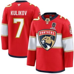 Florida Panthers #7 Dmitry Kulikov Red Home 2025 Stanley Cup Champions Patch Stitched Jersey