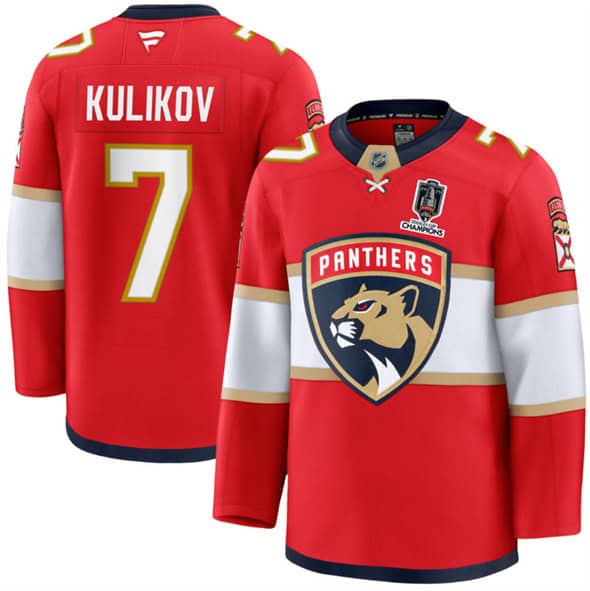 Florida Panthers #7 Dmitry Kulikov Red Home 2025 Stanley Cup Champions Patch Stitched Jersey