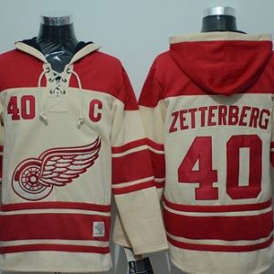Red Wings #40 Henrik Zetterberg Cream Sawyer Hooded Sweatshirt Stitched Jersey