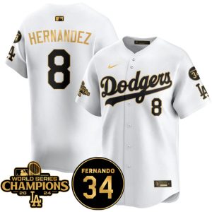 Los Angeles Dodgers #8 Enrique Hernandez White Gold 2024 World Series Champions Fernando Memorial Patch Vapor Premier Limited Stitched Jersey