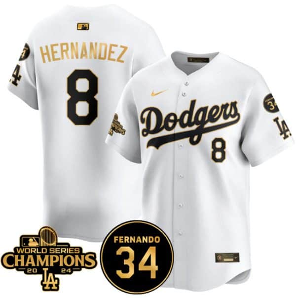 Los Angeles Dodgers #8 Enrique Hernandez White Gold 2024 World Series Champions Fernando Memorial Patch Vapor Premier Limited Stitched Jersey