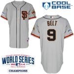 Giants #9 Brandon Belt Grey Road 2 Cool Base W 2014 World Series Patch Stitched Jersey