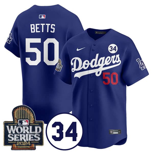 Los Angeles Dodgers #50 Mookie Betts Royal 2024 World Series With No. 34 Patch Cool Base Stitched Jersey
