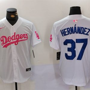 Los Angeles Dodgers #37 Teoscar Hern¨¢ndez White Pink Vin Kobe Patch Stitched Jersey
