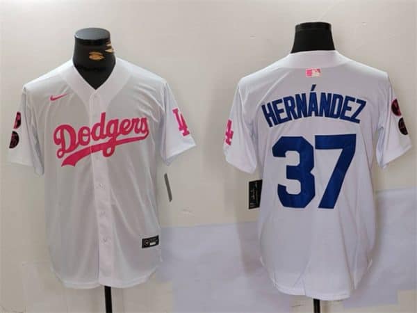 Los Angeles Dodgers #37 Teoscar Hern¨¢ndez White Pink Vin Kobe Patch Stitched Jersey