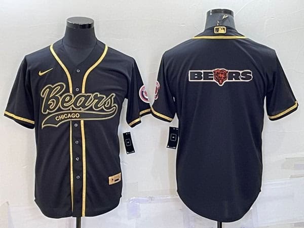 Chicago Bears Black Gold Team Big Logo With Patch Cool Base Stitched Baseball Jersey