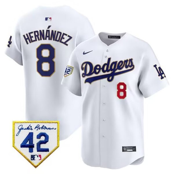 Los Angeles Dodgers #8 Enrique Hernandez White 2024 Jackie Robinson Patch Stitched Jersey