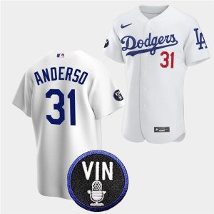 Los Angeles Dodgers #31 Tyler Anderson 2022 White Vin Scully Patch Cool Base Stitched Baseball Jersey