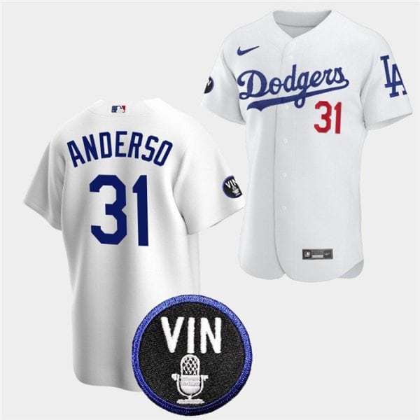 Los Angeles Dodgers #31 Tyler Anderson 2022 White Vin Scully Patch Cool Base Stitched Baseball Jersey