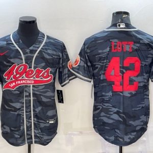 San Francisco 49ers #42 Ronnie Lott Grey Red Camo With Patch Cool Base Stitched Baseball Jersey