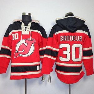 Devils #30 Martin Brodeur Red Sawyer Hooded Sweatshirt Stitched Jersey