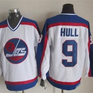 Jets #9 Bobby Hull White Blue CCM Throwback Stitched Jersey