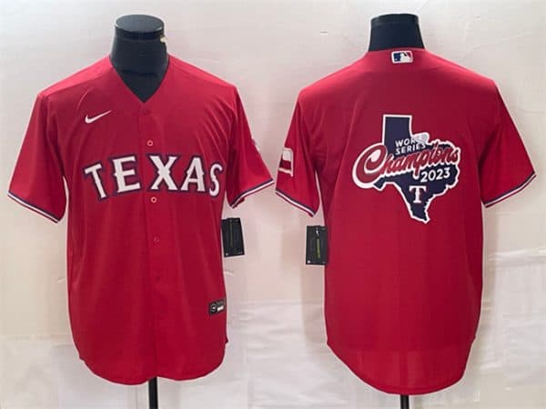 Texas Rangers Red 2023 World Series Champions Big Logo With Patch Cool Base Stitched Jersey
